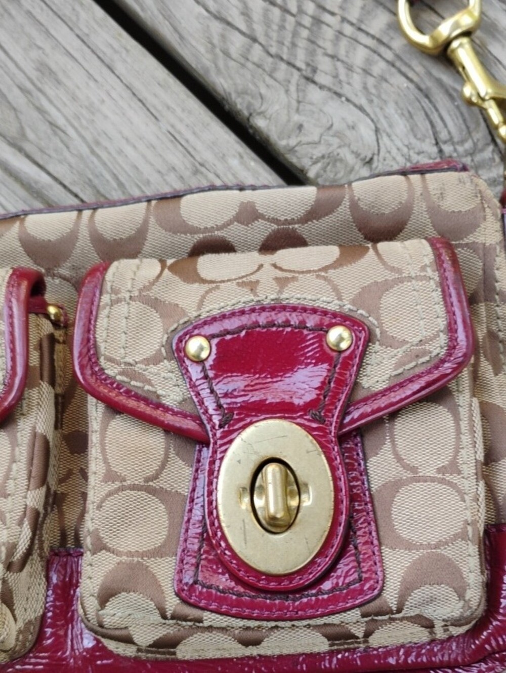 Coach Canvas Shoulder Bag with Dark Wine Red Patent Leather Trim - Picture 4 of 15